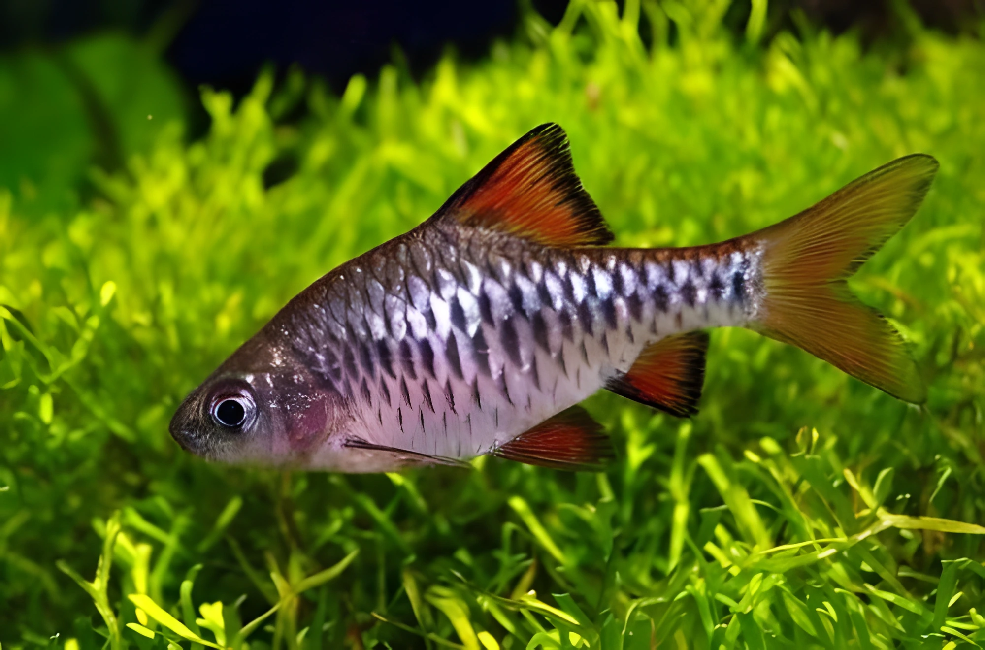 Fotografía del pez de acuario Barbo de aleta anaranjada