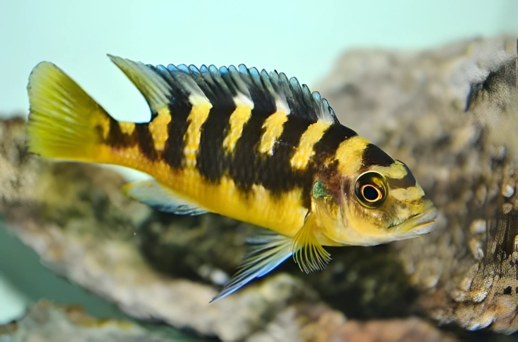 Fotografía del pez de acuario Cíclido abejorro