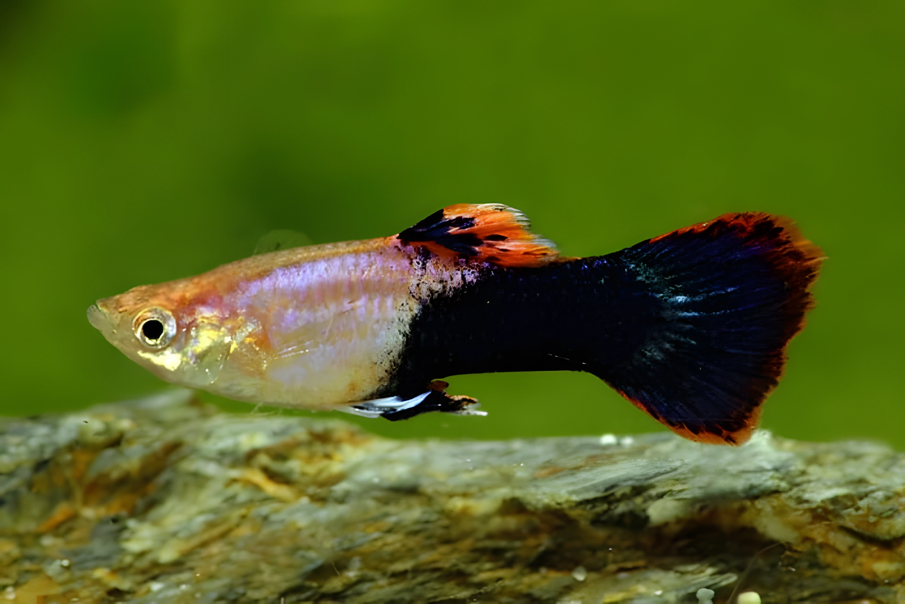 Fotografía del pez de acuario Guppy Tuxedo