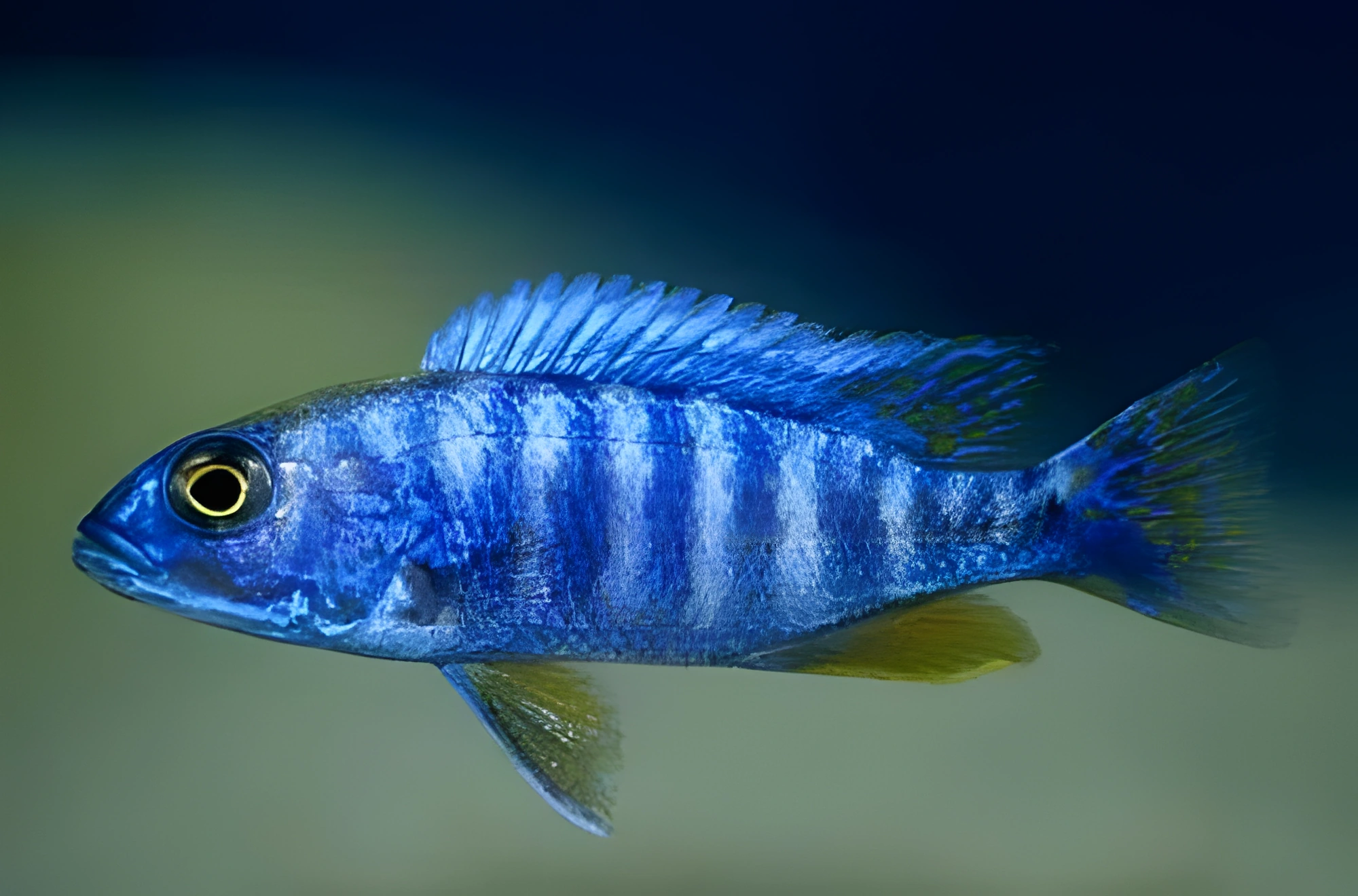 Fotografía del pez de acuario Haplochromis azul eléctrico