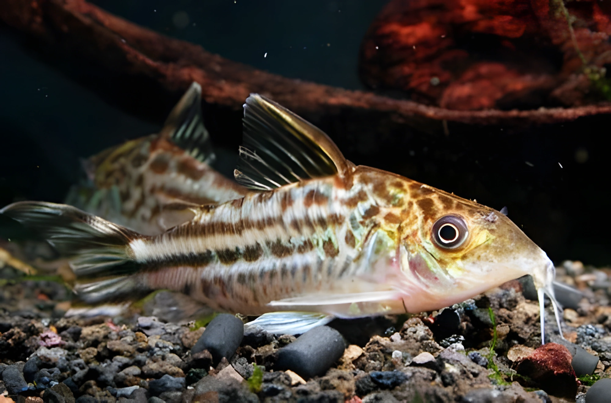 Fotografía del pez de acuario Corydoras de cola de bandera