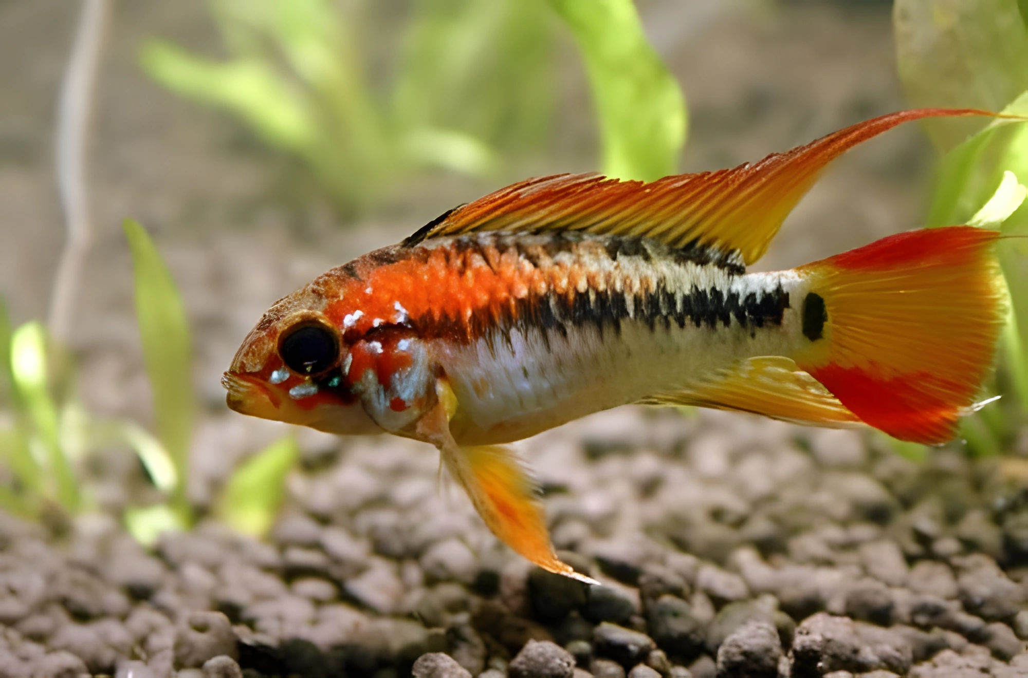 Fotografía del pez de acuario Apistogramma de cola de fuego