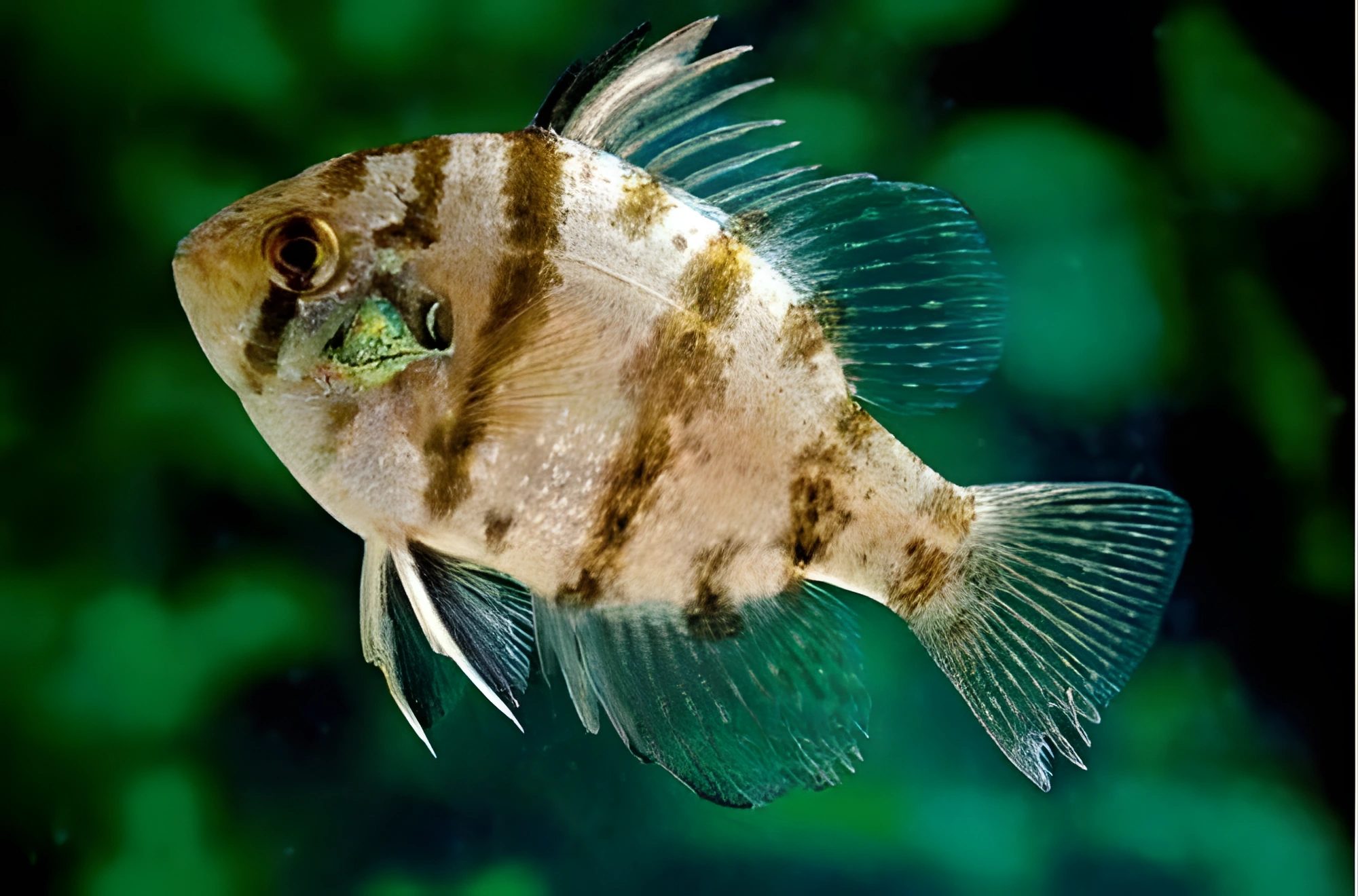Fotografía del pez de acuario Perca discoide (Enneacanthus chaetodon)