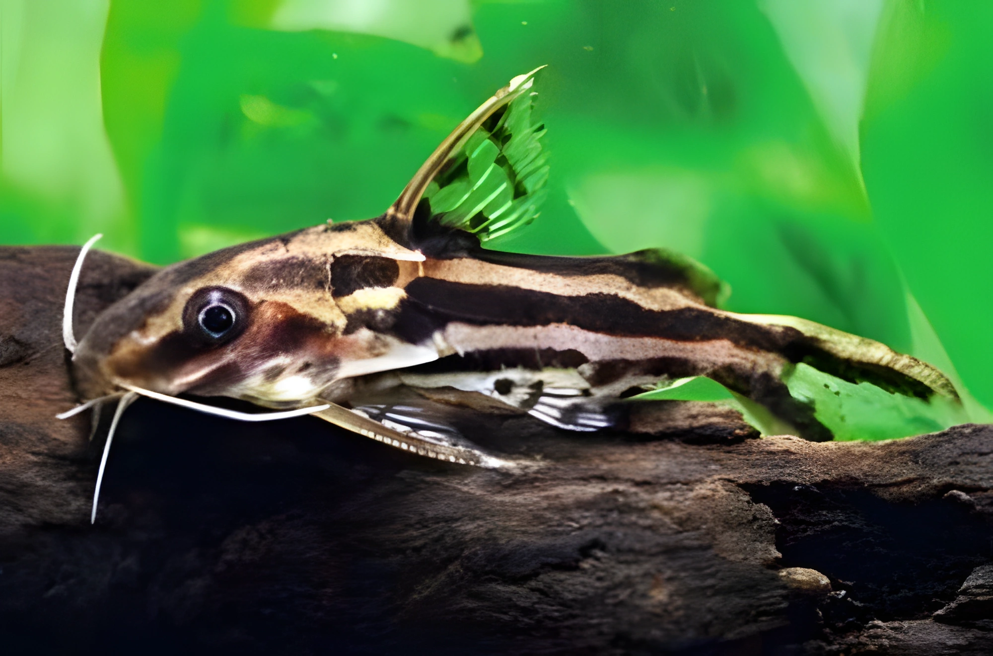 Fotografía del pez de acuario Synodontis rayado