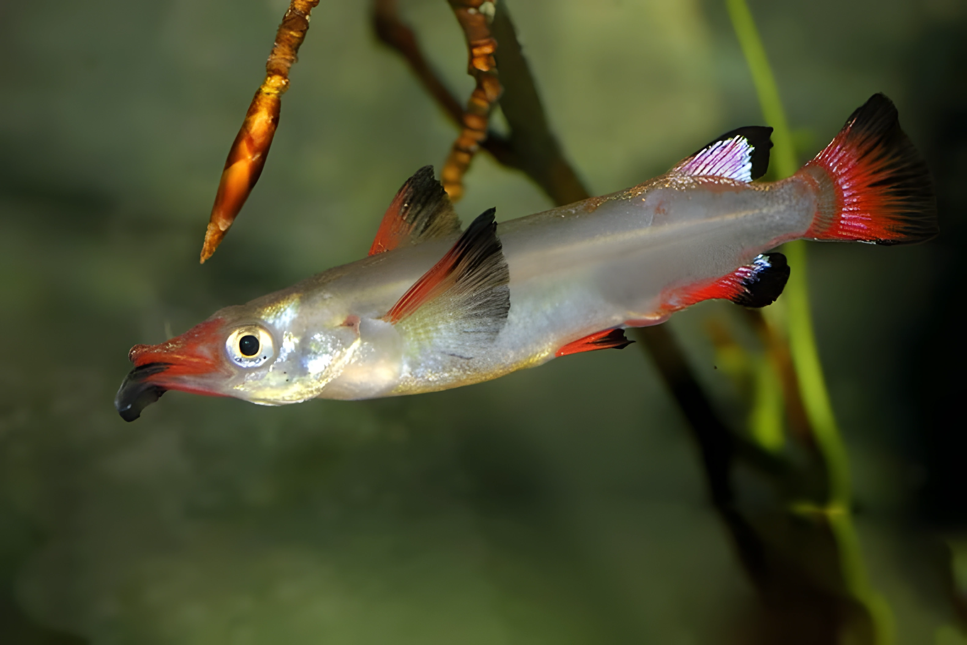 Fotografía del pez de acuario Pez medio pico rojo y negro